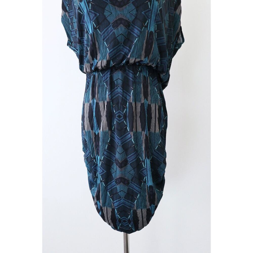 Dolce Vita Size M Geometric Print Dress Leather Cutout Back Ruched Teal Blue - Picture 3 of 13